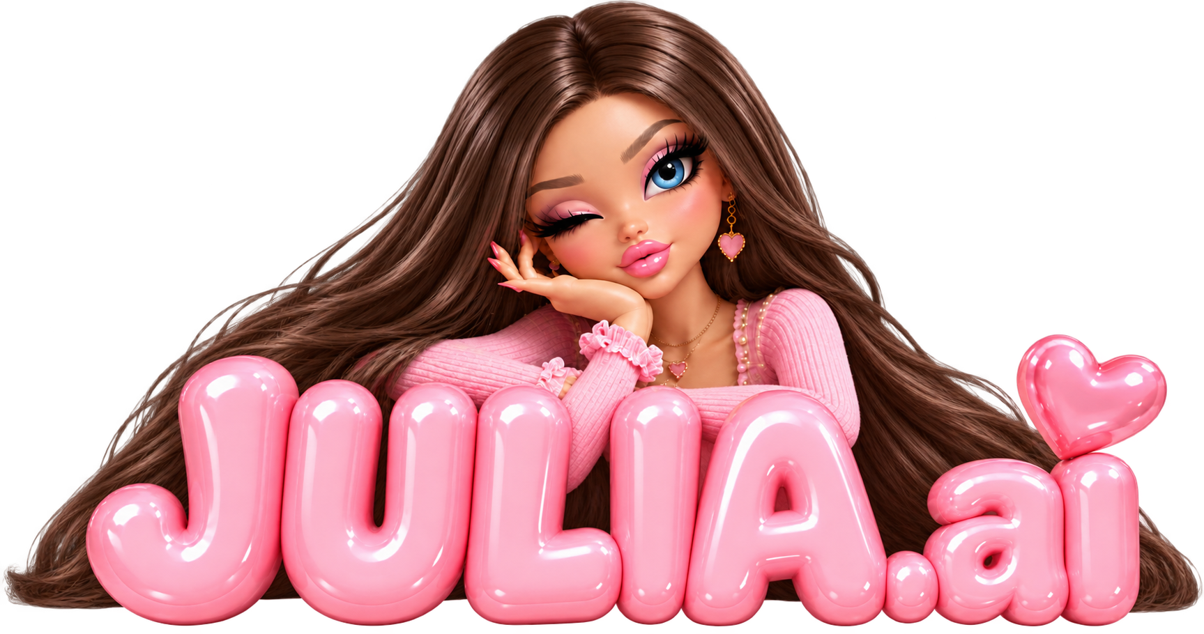 Брюнетка JULIA подмигивает над объёмным розовым логотипом JULIA.ai